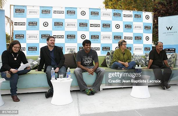 Shirley Halperin, Doug Benson, Jay Chandrasekhar, Jenji Kohan and Cheech Marin attend the 2008 Los Angeles Film Festival's Poolside Chat: Back to the...