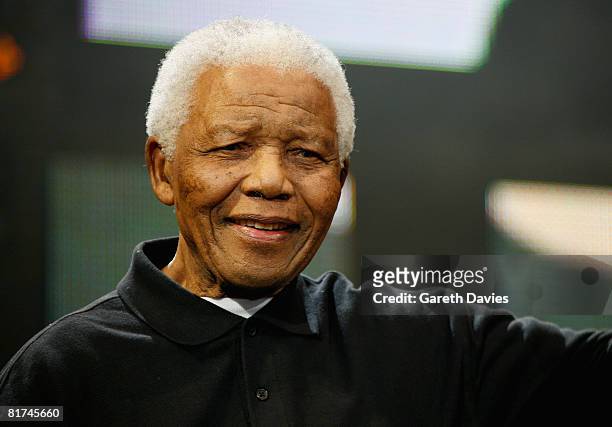 Nelson Mandela poses onstage during the 46664 Concert In Celebration Of Nelson Mandela's Life held at Hyde Park on June 27, 2008 in London, England.
