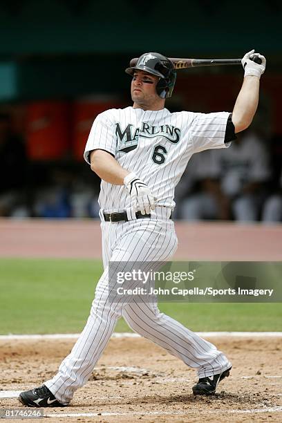 Dan Uggla of the Florida Marlins bats during the MLB game against the Tampa Bay Rays at Dolphin Stadium on June 26, 2008 in Miami, Florida.