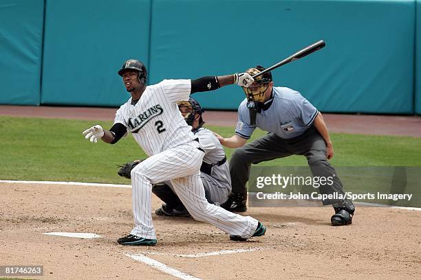 Hanley Ramirez of the Florida Marlins bats during the MLB game against the Tampa Bay Rays at Dolphin Stadium on June 26, 2008 in Miami, Florida.