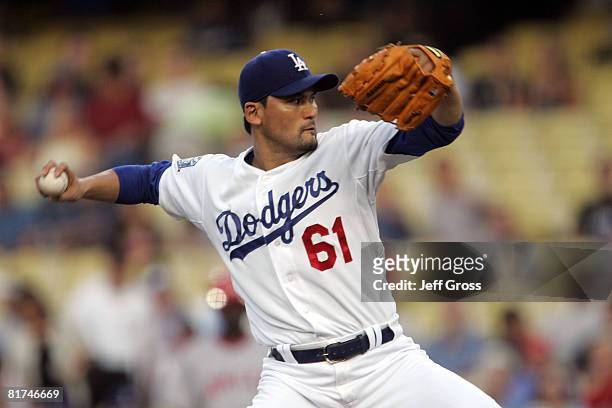 Chan Ho Park of the Los Angeles Dodgers delivers a pitch in the first inning during the interleague game against the Los Angeles Angels of Anaheim at...