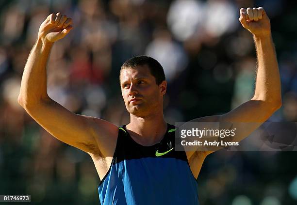 Brad Walker celebrates after clearing 5.60 in the pole vault prelimenary round during day one of the U.S. Track and Field Olympic Trials at Hayward...