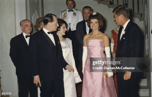The President and Mrs. Kennedy attend a dinner May 11, 1962 in honor of Minister of State for Cultural Affairs of France, Andre Malroux, left.