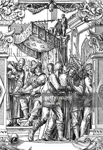 christ stands before pilate, captured by knights - stuck inside stock illustrations