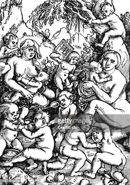 ilustraciones, imágenes clip art, dibujos animados e iconos de stock de las madres y bebés, sentado desnudo afuera, en el árbol, comiendo - familia comiendo