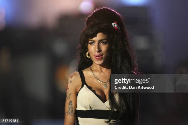 Amy Winehouse performs during the 46664 concert in celebration of Nelson Mandela's life at Hyde Park on June 27, 2008 in London, England.