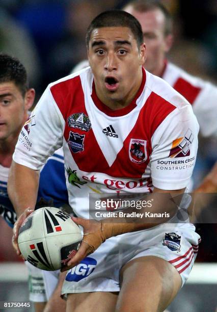 Rangi Chase of the Dragons looks to pass during the round 16 NRL match between the Gold Coast Titans and the St George Illawarra Dragons at Skilled...