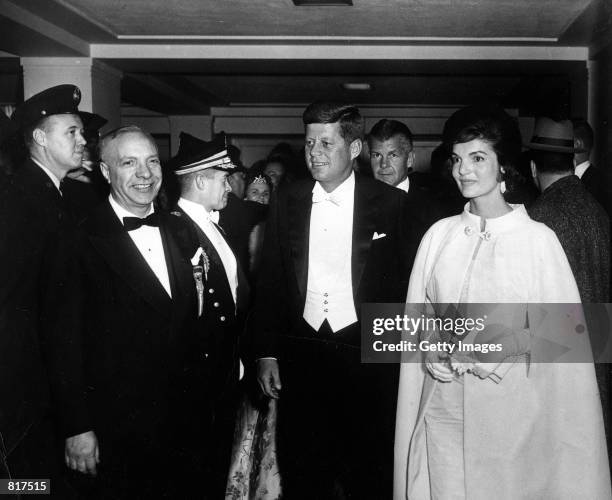 President John F. Kennedy and First Lady Jacqueline Kennedy attend the inaugural ball January 20, 1961 in Washington, DC.