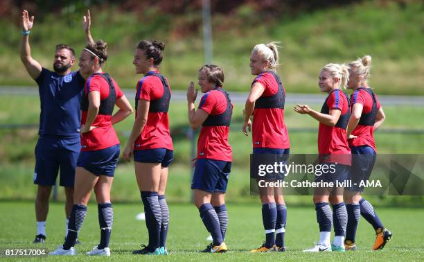 Jodie Taylor, Lucy Bronze, Fran Kirby, Steph Houghton, Isobel Christiansen of England Women during the England training session at on July 18, 2017...
