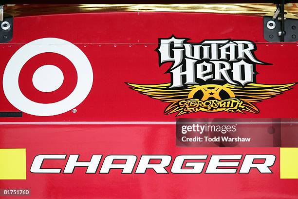 Logos on the Guitar Hero/Target Dodge, driven by Dario Franchitti, in the garage during practice for the NASCAR Sprint Cup Series LENOX Industrial...