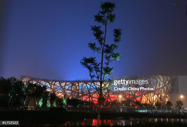 View of the illuminated National Stadium, dubbed the "Bird's Nest" is seen on June 28, 2008 in Beijing, China. The National Stadium, which will serve...