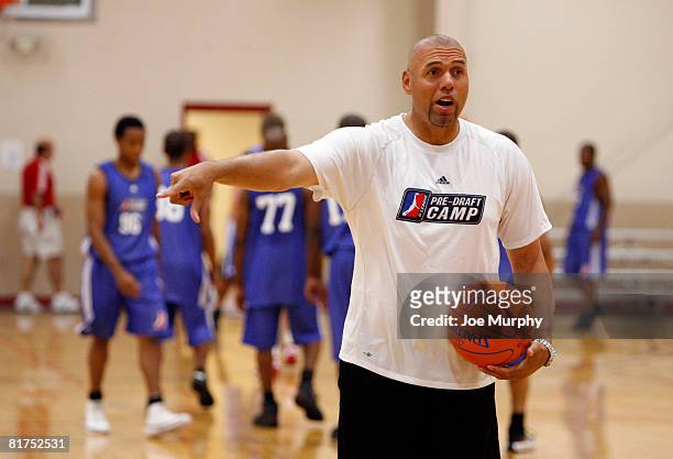 Tracy Murray, former NBA player, coaches during the D-League Pre-Draft Camp on June 28, 2008 at Suwanee Sports Academy in Suwanee, Georgia. NOTE TO...