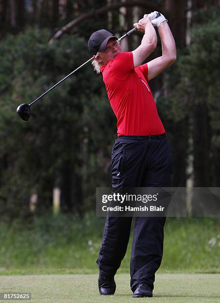 Jeppe Huldahl of Denmark tees off on the 10th hole during Round Three of the Scottish Challenge at Macdonald Cardrona Hotel Golf and Country Club on...