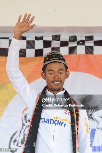 White jersey winner Muh. Imam Arifin of KFC Cycling Team Indonesia celebrates on the podium during the Stage 5 of Tour de Flores 2017, Borong-Ruteng...