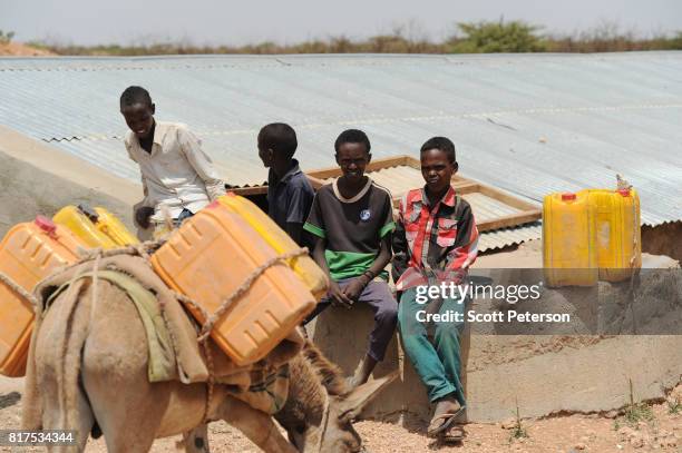 Somali boys gather to water livestock at a traditional cistern for harvesting rainwater, called a berkad, made by the Irish charity Concern-Worldwide...