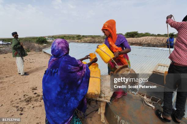 Somali women fill water cans tied to a donkey at a traditional cistern for harvesting rainwater, called a berkad, made by the Irish charity...