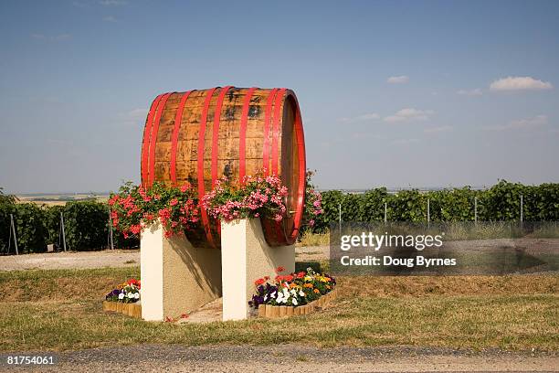 wine cask displayed in front of vineyard - ブルゴーニュ　harvest wine ストックフォトと画像