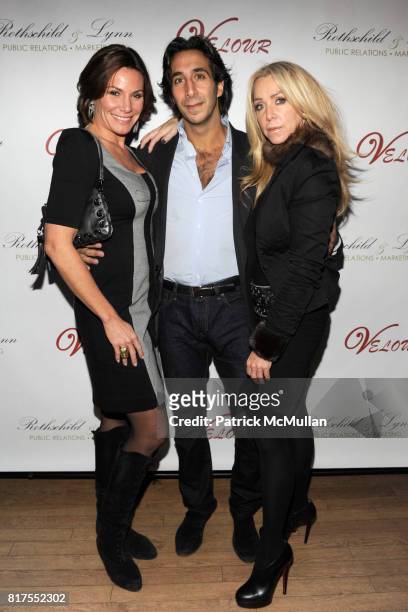 Countess Luann de Lesseps, Jacques Azoulay and Anna Rothschild attend Socialite Anna Rothschild's Annual Christmas Party at Velour Lounge on December...