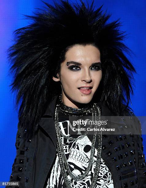 Bill Kaulitz of German rock band Tokio Hotel performs on stage during the "Rock in Rio" music festival on June 28, 2008 in Arganda del Rey near...