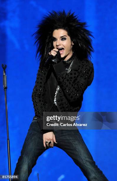 Bill Kaulitz of German rock band Tokio Hotel performs on stage during the "Rock in Rio" music festival on June 28, 2008 in Arganda del Rey near...