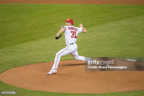 National League All-Star Max Scherzer of the Washington Nationals pitches during the 88th MLB All-Star Game at Marlins Park on July 11, 2017 in...