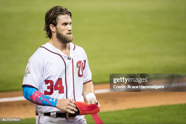 National League All-Star Bryce Harper of the Washington Nationals looks on during the 88th MLB All-Star Game at Marlins Park on July 11, 2017 in...