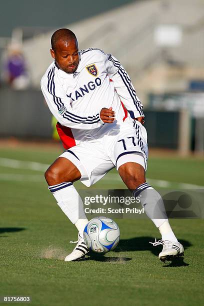 Andy Williams of Real Salt Lake crosses the ball against the Kansas City Wizards during the game at Community America Ballpark on June 28, 2008 in...