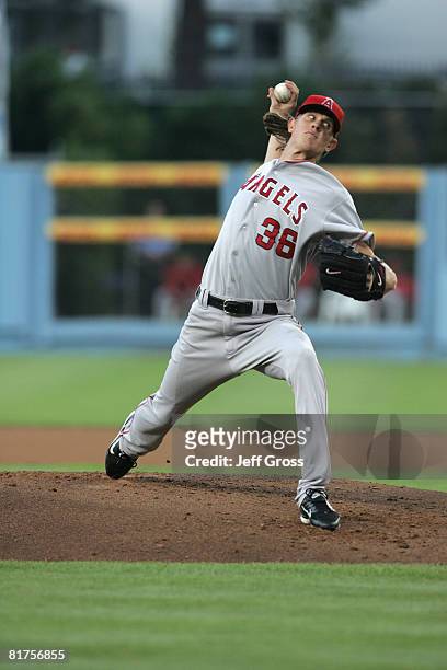 Jered Weaver of the Los Angeles Angels pitches against the Los Angeles Dodgers during the interleague game at Dodger Stadium June 28, 2008 in Los...