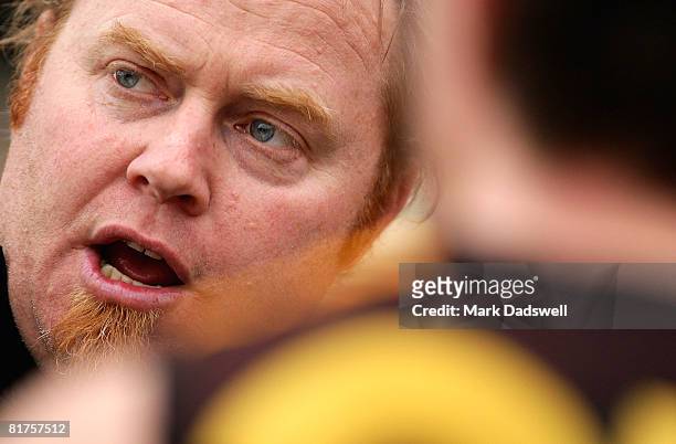 Tigers coach Simon Atkins addresses his players during the round 12 VFL match between the Werribee Tigers and the Sandringham Zebras at the...