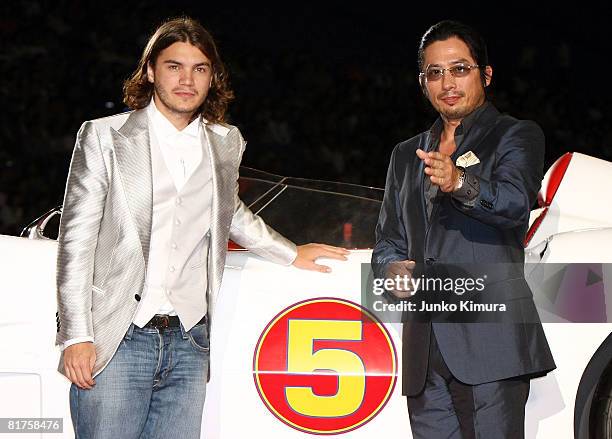 Actor Emile Hirsch and Hiroyuki Sanada attend the "Speed Racer" Japan Premiere at Tokyo Dome on June 29, 2008 in Tokyo, Japan. The film will open on...