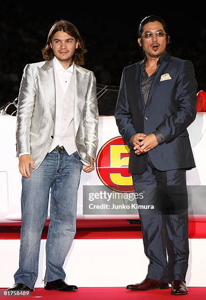 Actor Emile Hirsch and Hiroyuki Sanada attend the "Speed Racer" Japan Premiere at Tokyo Dome on June 29, 2008 in Tokyo, Japan. The film will open on...