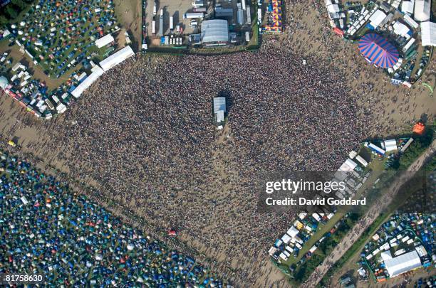 Aerial view as people move around the site at the Glastonbury Festival at Worthy Farm, Pilton on June 28 2008 in Glastonbury, Somerset, England. The...