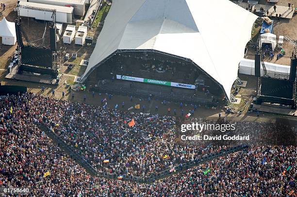 Aerial view as people move around the site at the Glastonbury Festival at Worthy Farm, Pilton on June 28 2008 in Glastonbury, Somerset, England. The...