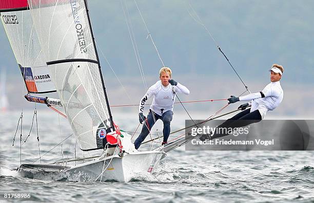 Hannes and Jan Peter Peckolt of Germany are seen in action in the 49er Race during the last day of the Kieler Woche on June 29, 2008 in Kiel,...