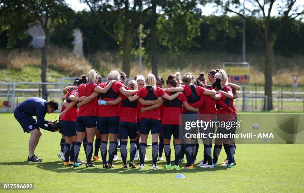 The England Women huddle before the training session during the England training session at on July 18, 2017 in Utrecht, Netherlands.