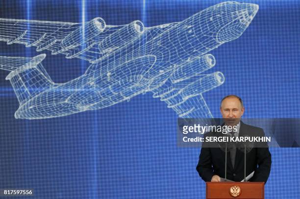 Russian President Vladimir Putin delivers his speech during the opening ceremony of the MAKS 2017 air show in Zhukovsky, outside Moscow on July 18,...