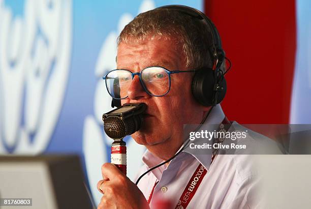 Commentator John Motson is pictured ahead of the UEFA EURO 2008 Final match between Germany and Spain at Ernst Happel Stadion on June 29, 2008 in...