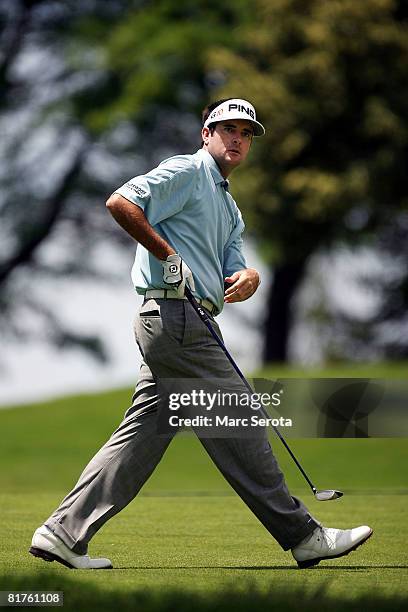 Bubba Watson watches his fairway shot on the first hole during the final round at the Buick Open at Warwick Hills Country Club on June 29, 2008 in...