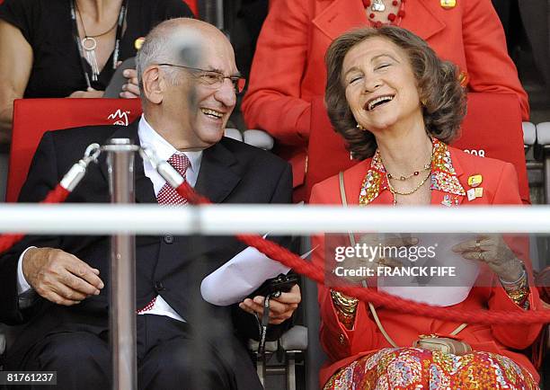 Spain's Queen Sofia jokes with the President of the Federal Council of Switzerland Pascal Couchepin in the stands before the Euro 2008 championships...