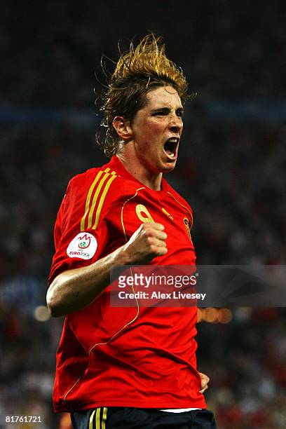 Fernando Torres of Spain celebrates the opening goal during the UEFA EURO 2008 Final match between Germany and Spain at Ernst Happel Stadion on June...