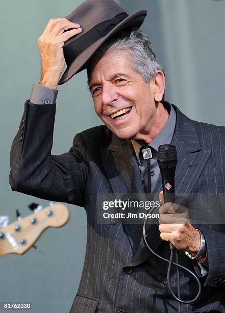 Leonard Cohen performs on the Pyramid stage during day three of the Glastonbury Festival at Worthy Farm, Pilton on June 29, 2008 in Glastonbury,...