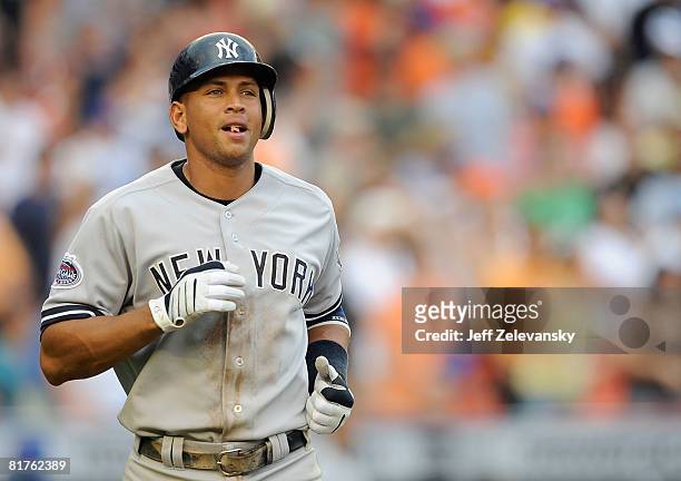 Alex Rodriguez of the New York Yankees reacts after popping out in the 9th inning against the New York Mets at Shea Stadium on June 29, 2008 in the...