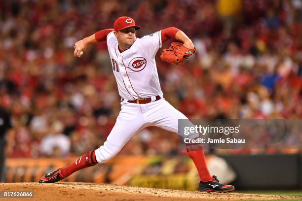 Drew Storen of the Cincinnati Reds pitches against the Washington Nationals at Great American Ball Park on July 14, 2017 in Cincinnati, Ohio.