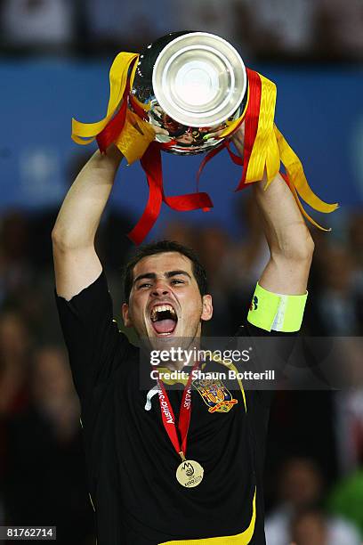 Captain Iker Casillas of Spain lifts the trophy after winning against Germany in the UEFA EURO 2008 Final match between Germany and Spain at Ernst...