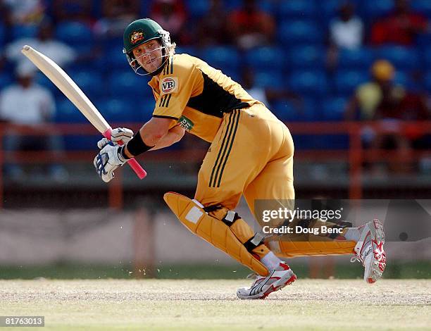 Shane Watson of Australia follows through while batting during the One-Day International game three match between Australia and West Indies at...