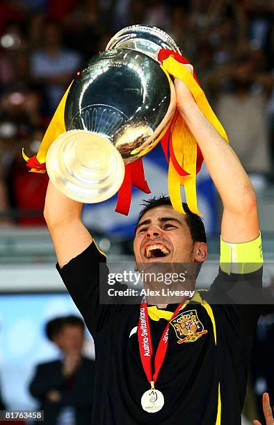 Iker Casillas of Spain lifts the trophy after the UEFA EURO 2008 Final match between Germany and Spain at Ernst Happel Stadion on June 29, 2008 in...