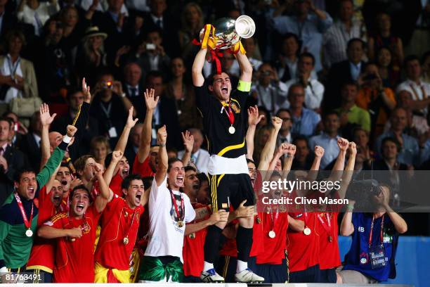 Captain Iker Casillas of Spain lifts the trophy after winning against Germany in the UEFA EURO 2008 Final match between Germany and Spain at Ernst...