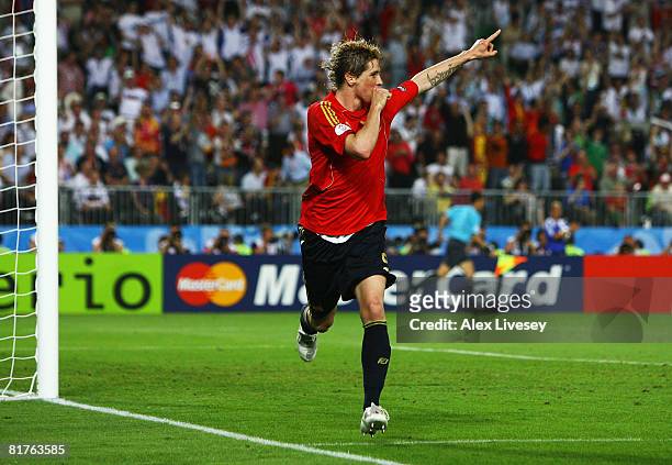 Fernando Torres of Spain celebrates the opening goal during the UEFA EURO 2008 Final match between Germany and Spain at Ernst Happel Stadion on June...