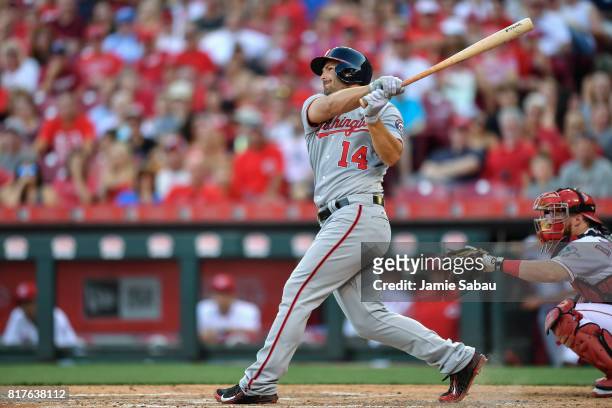Chris Heisey of the Washington Nationals bats against the Cincinnati Reds at Great American Ball Park on July 14, 2017 in Cincinnati, Ohio.