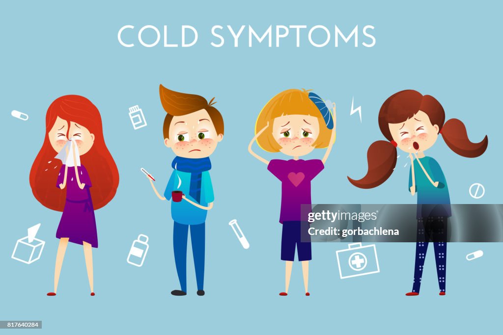 Sick Child With Fever Illness Boy And Girl With Sneeze High Temperature  Sore Throat Heat Cough Headache Vector Illustration Cartoon Style Sickness  Child With Disease Flu Cold Symptoms High-Res Vector Graphic -
